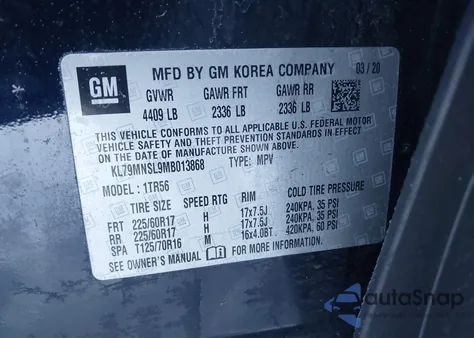 2021 Chevrolet Trailblazer Awd Ls z USA, uszkodzony, nr VIN KL79MNSL9MB013868